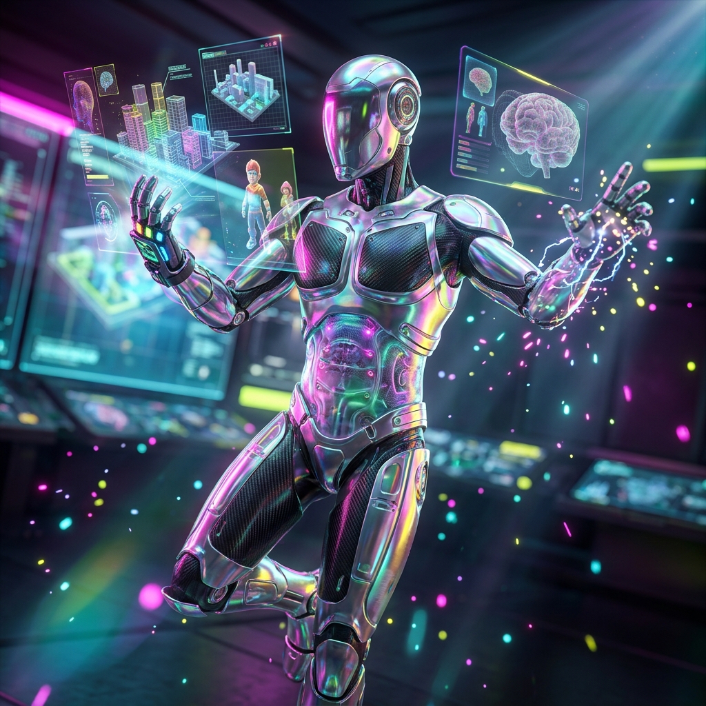 AR/VR category hero — chrome-plated bipedal android caught mid-motion, sparks and light particles trailing around it in futuristic control room with massive glowing holographic screens and volumetric light rays