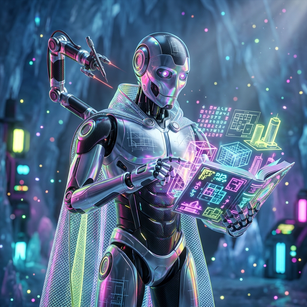 Architectural Design category hero — sci-fi wizard robot with a floating spellbook of holographic glyphs and light particles in crystalline ice cavern lit by bioluminescent tech installations