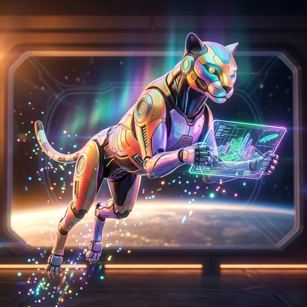 Architecture category hero — sleek feline-inspired robot mid-leap, carbon-fiber musculature and glowing accent lines in orbital space station observation deck with a planet glowing outside the panoramic window
