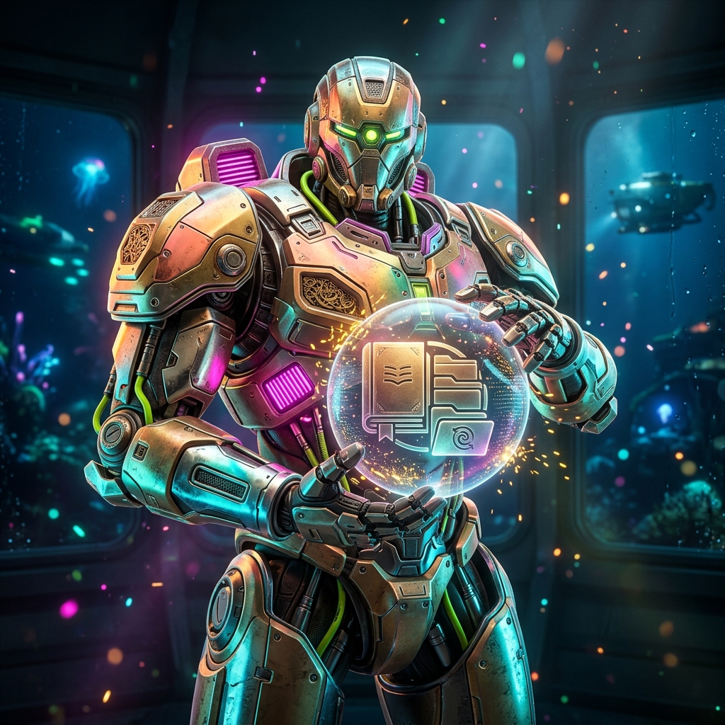 Archive category hero — heavily armored guardian robot holding a symbolic emblem of the category with both hands in deep-sea research bay with bulkhead windows onto a bioluminescent ocean