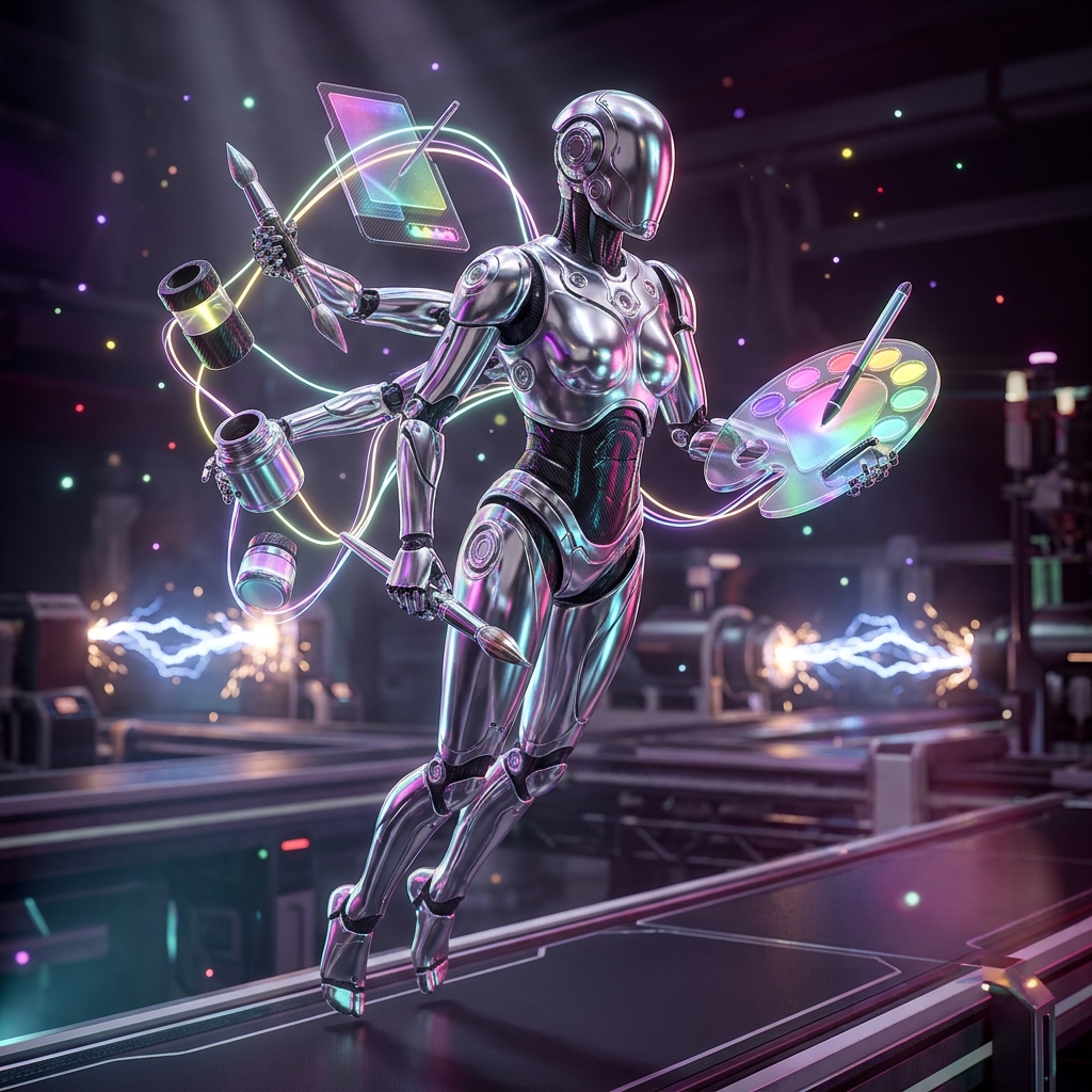 Art category hero — chrome-plated bipedal android caught mid-motion, sparks and light particles trailing around it in magnetic-levitation factory floor with sparking arcs of electricity and machinery