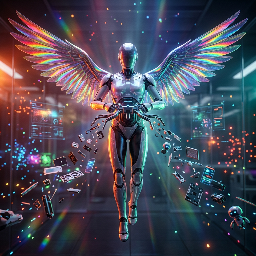 Automation category hero — courier-style android with iridescent wings unfurled, mid-flight silhouette against the environment in sleek high-tech laboratory with glass walls, floating data panels and particle light