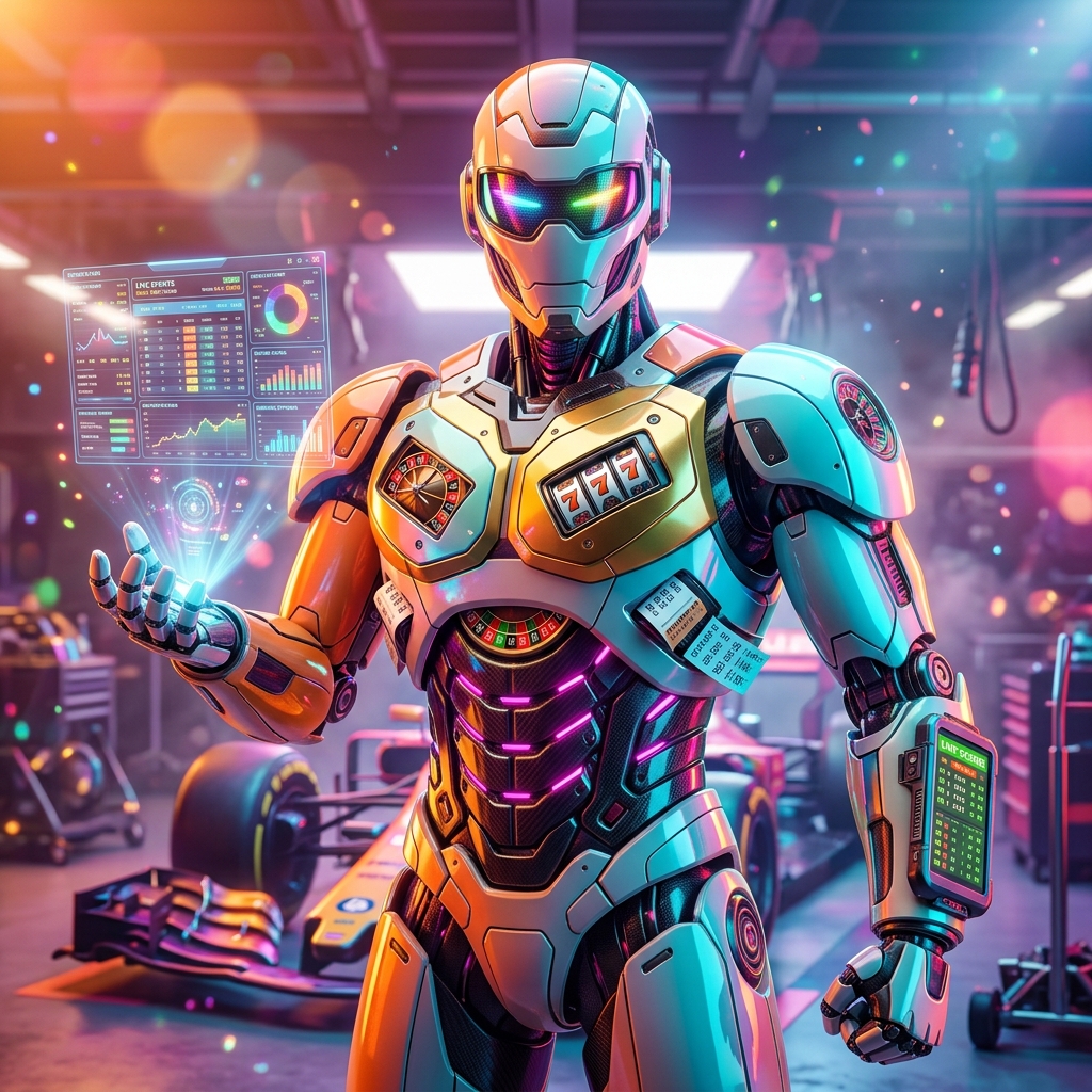 Betting category hero — hyper-detailed humanoid robot with glossy plating and glowing visor eyes, striking a confident hero pose in the center of the frame in Formula-1 style pit garage with saturated color lighting and mechanical detail