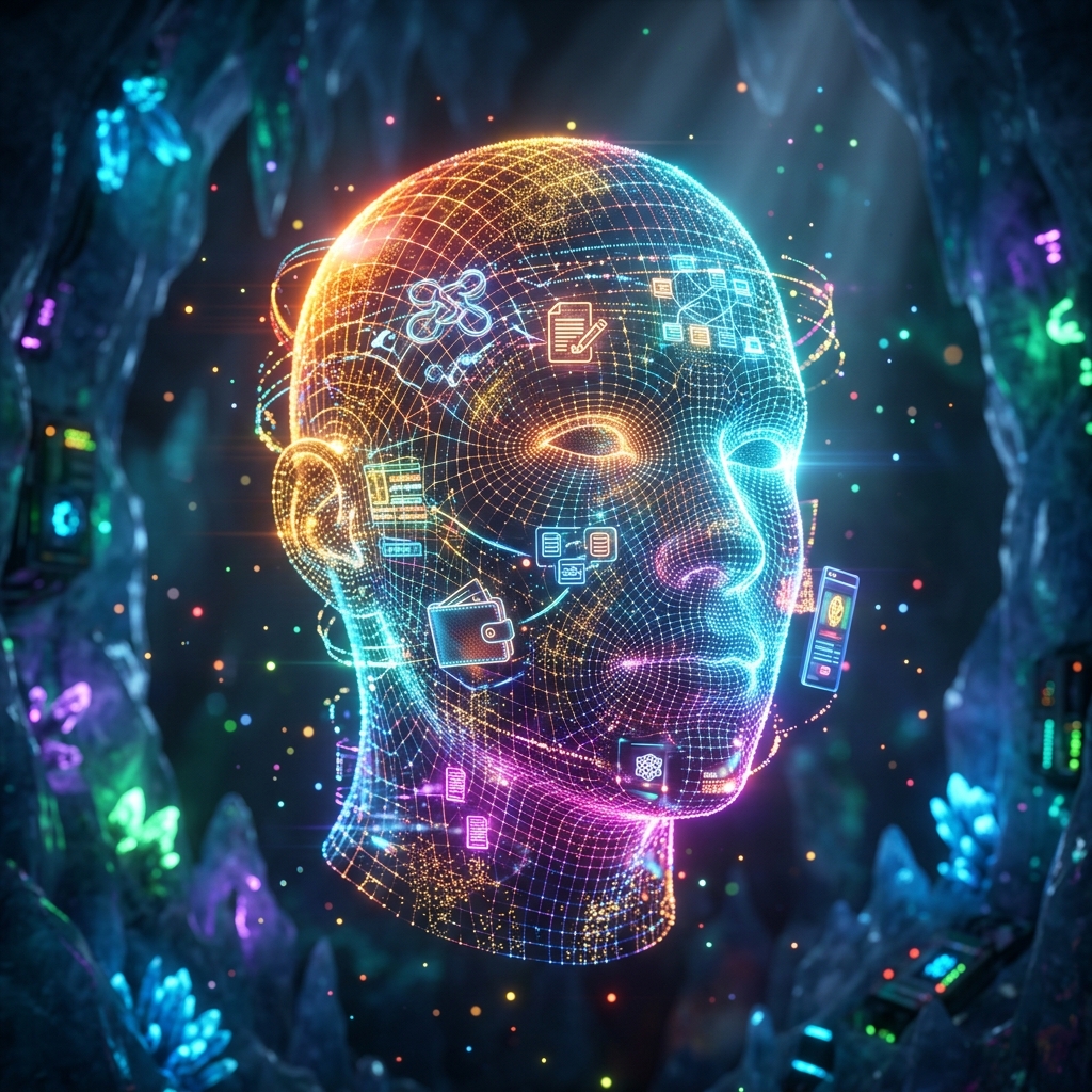 Blockchain category hero — wireframe holographic human head made of glowing data points, floating in the frame center in crystalline ice cavern lit by bioluminescent tech installations