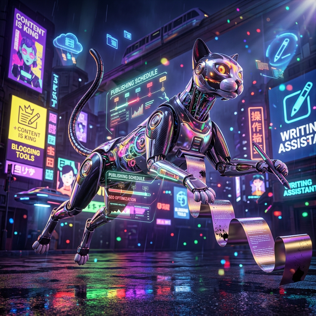Blogging category hero — sleek feline-inspired robot mid-leap, carbon-fiber musculature and glowing accent lines in neon-lit cyberpunk street at night, wet pavement reflections, hovering holograms in the background