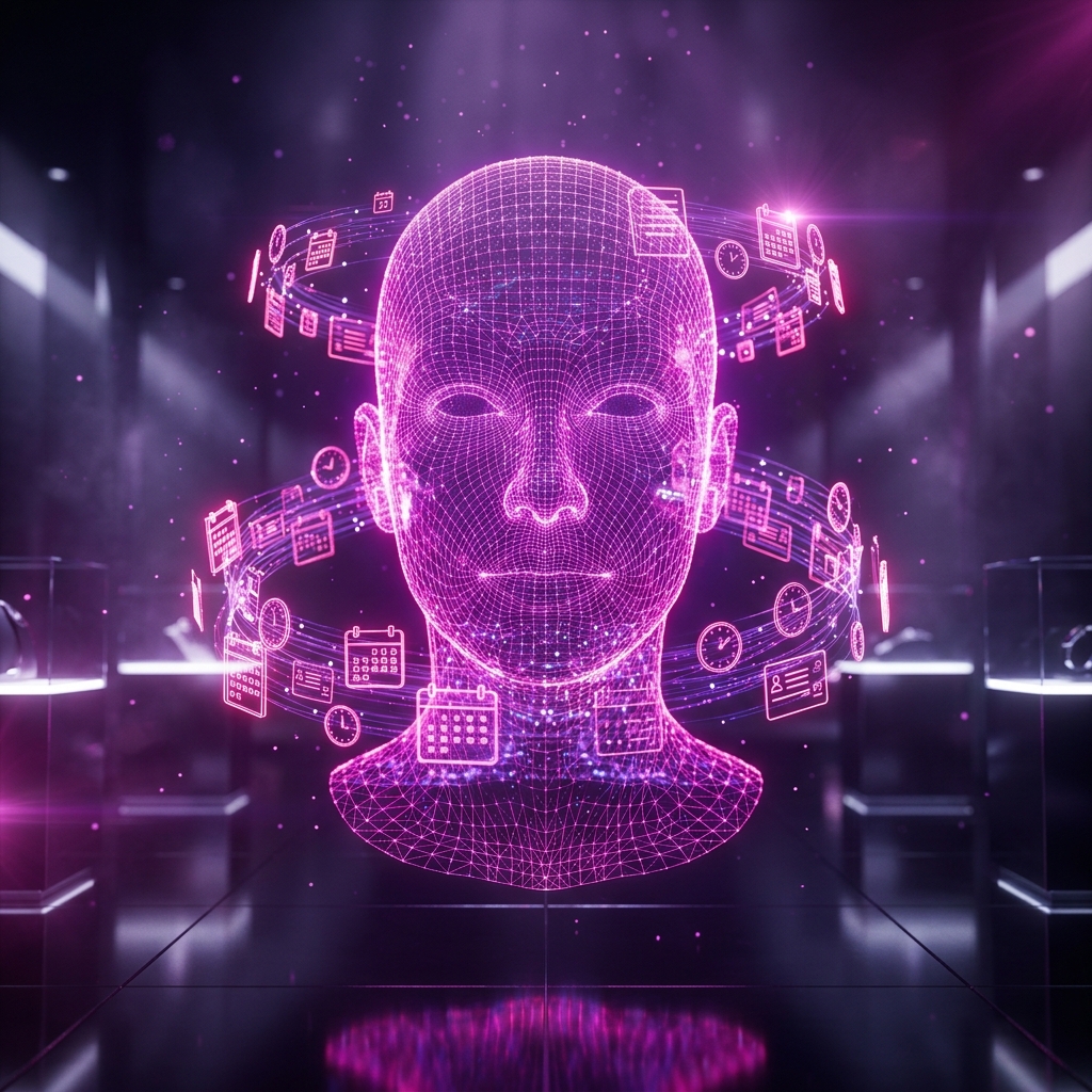 Booking category hero — wireframe holographic human head made of glowing data points, floating in the frame center in chrome-and-glass showroom with mirrored floor and rim-lit product staging