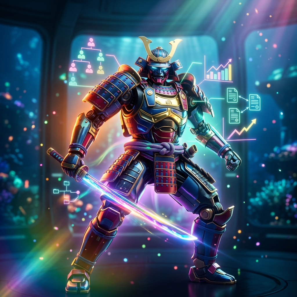 Business category hero — majestic samurai-styled mech in lacquered armor with neon under-glow, katana of light in hand in deep-sea research bay with bulkhead windows onto a bioluminescent ocean