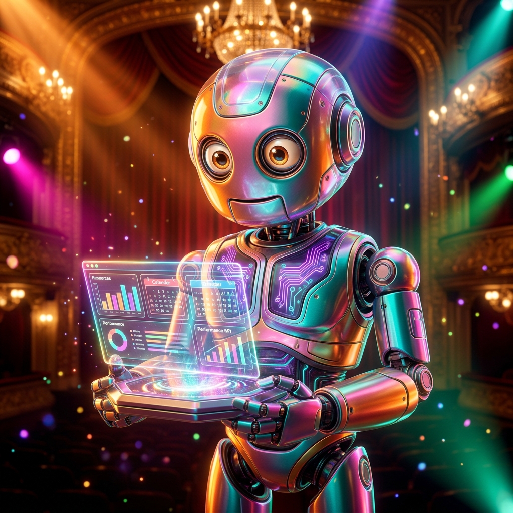 Business Management category hero — friendly Pixar-quality mascot robot with big expressive optical eyes, holding an object that represents the category in golden-lit theater interior with heavy velvet curtains and cinematic chandeliers