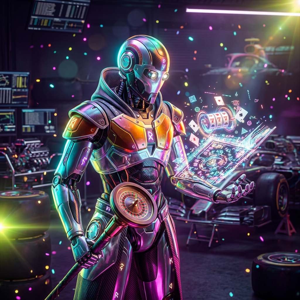 Casino category hero — sci-fi wizard robot with a floating spellbook of holographic glyphs and light particles in Formula-1 style pit garage with saturated color lighting and mechanical detail