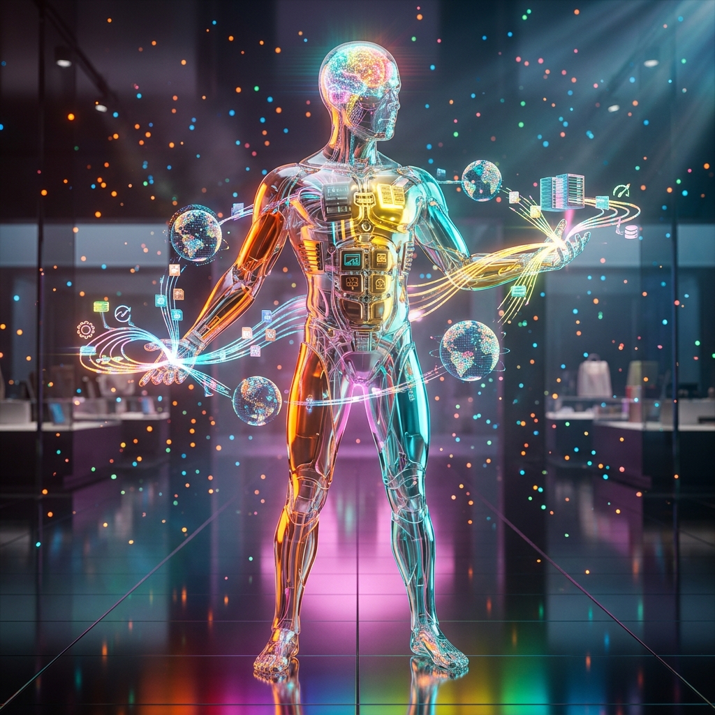 CDN category hero — translucent glass humanoid figure with a glowing neural-network brain visible inside its head in chrome-and-glass showroom with mirrored floor and rim-lit product staging