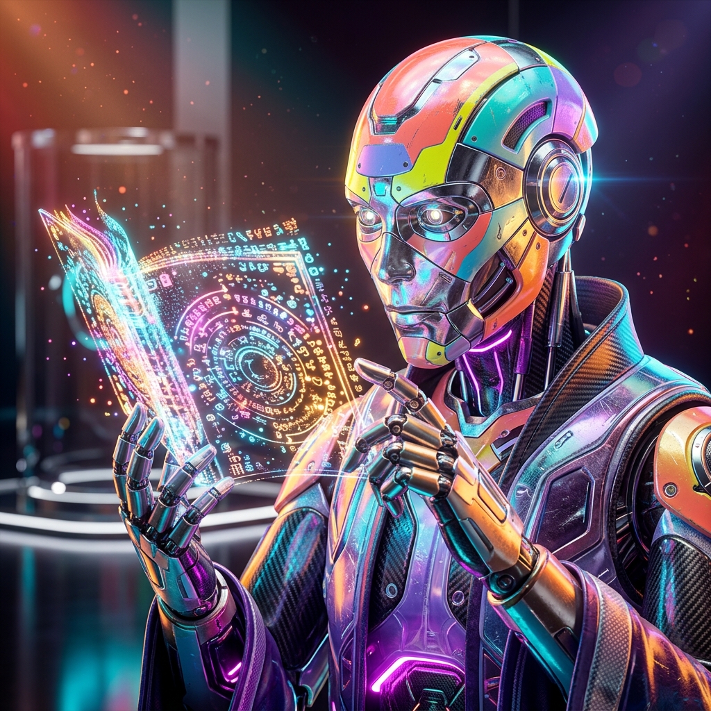 Certification category hero — sci-fi wizard robot with a floating spellbook of holographic glyphs and light particles in chrome-and-glass showroom with mirrored floor and rim-lit product staging