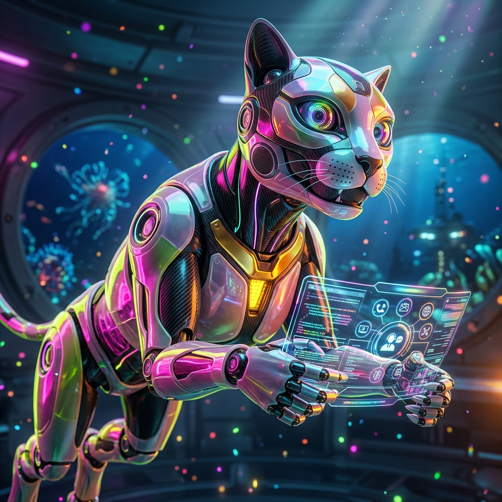 Chatbots category hero — sleek feline-inspired robot mid-leap, carbon-fiber musculature and glowing accent lines in deep-sea research bay with bulkhead windows onto a bioluminescent ocean