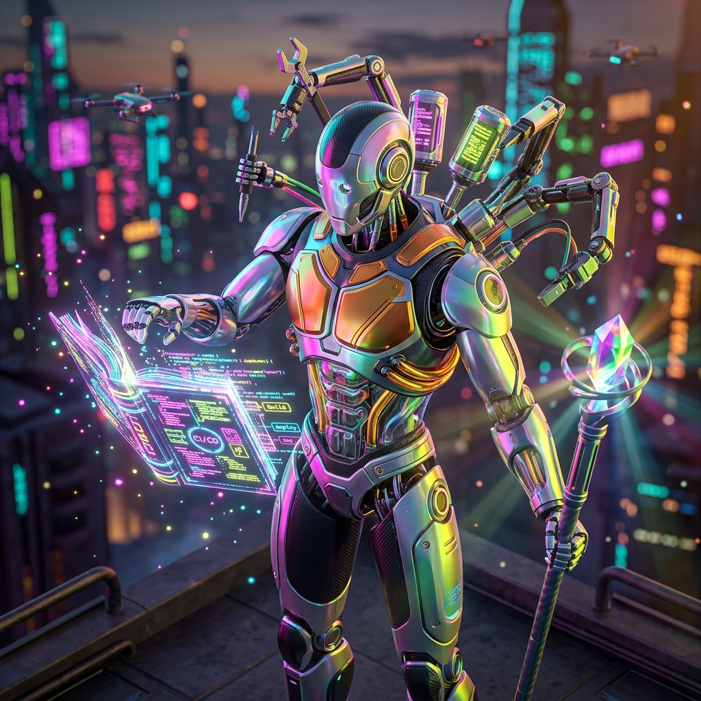 CI/CD category hero — sci-fi wizard robot with a floating spellbook of holographic glyphs and light particles in rooftop overlooking a neon megacity skyline at dusk, drones flying in the distance