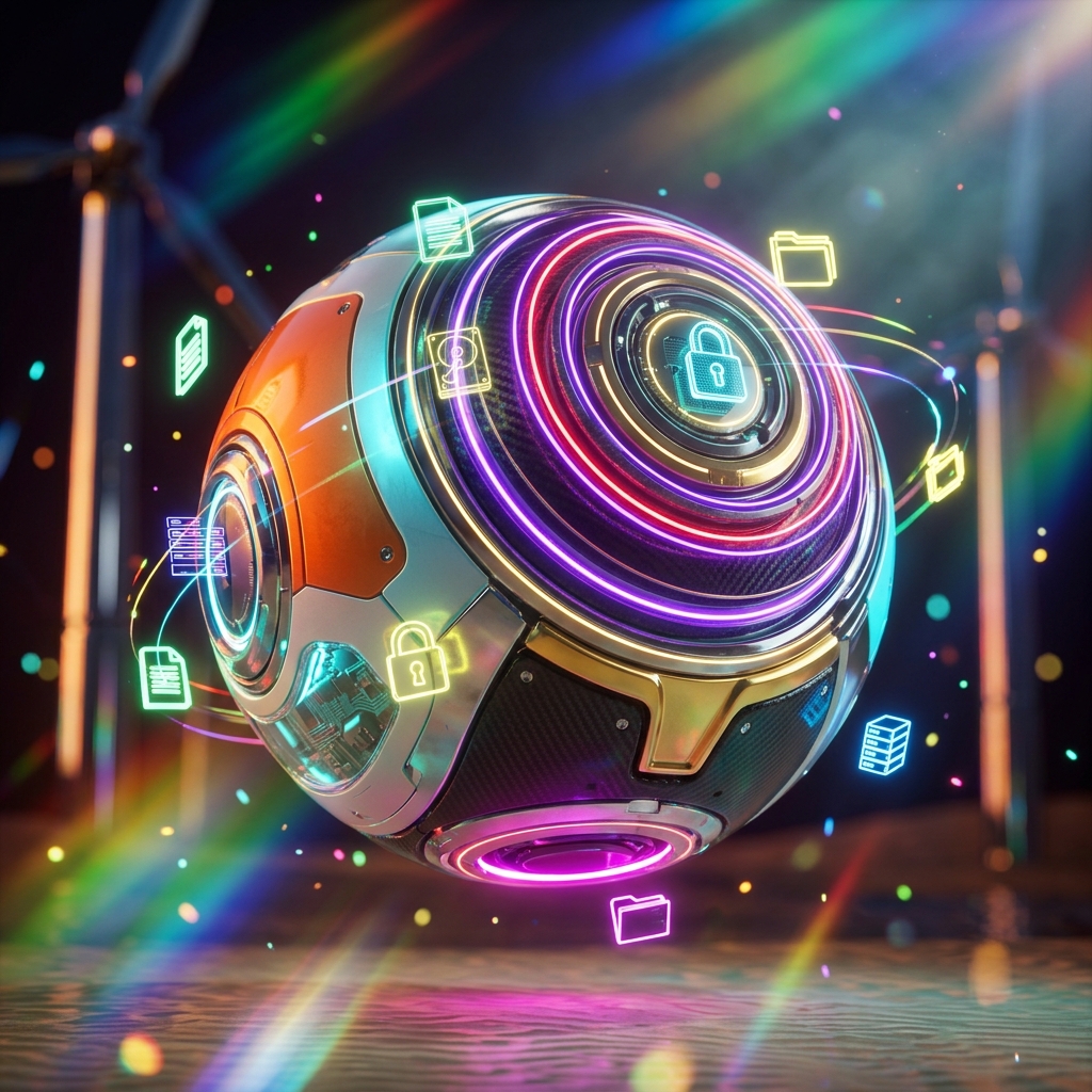 Cloud Storage category hero — floating spherical AI orb with concentric glowing rings and orbiting holographic icons around it in desert solar farm at magic hour with reflective sand and towering chrome pylons