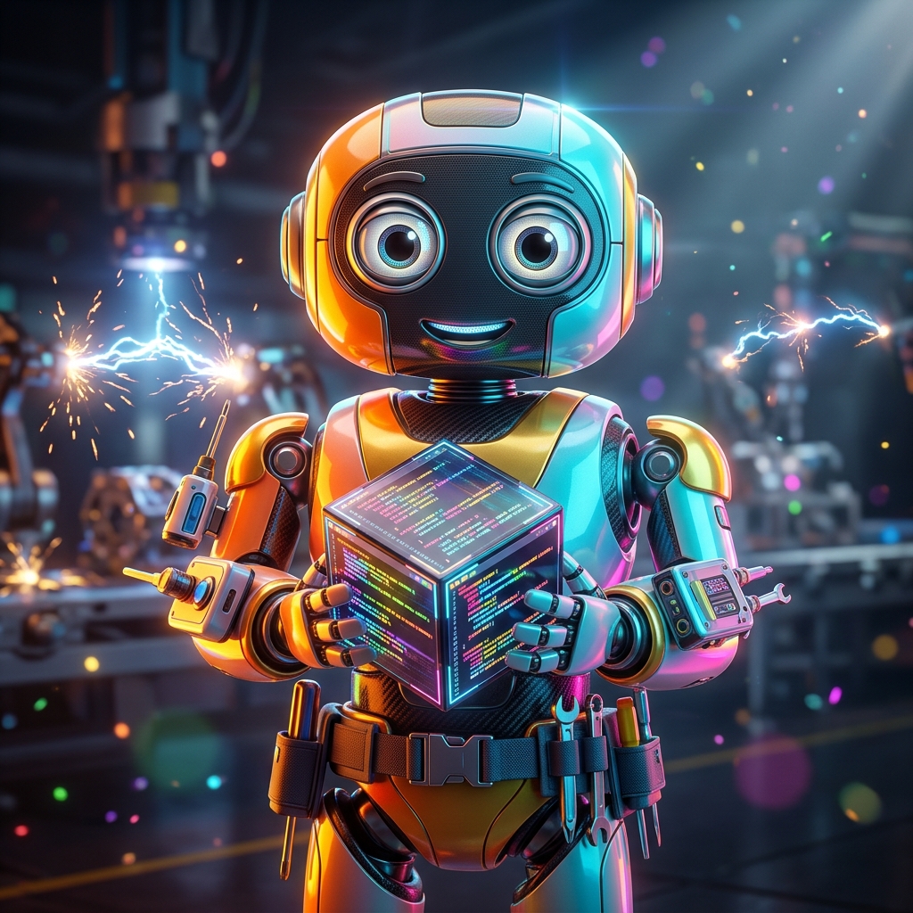 Code Editors category hero — friendly Pixar-quality mascot robot with big expressive optical eyes, holding an object that represents the category in magnetic-levitation factory floor with sparking arcs of electricity and machinery