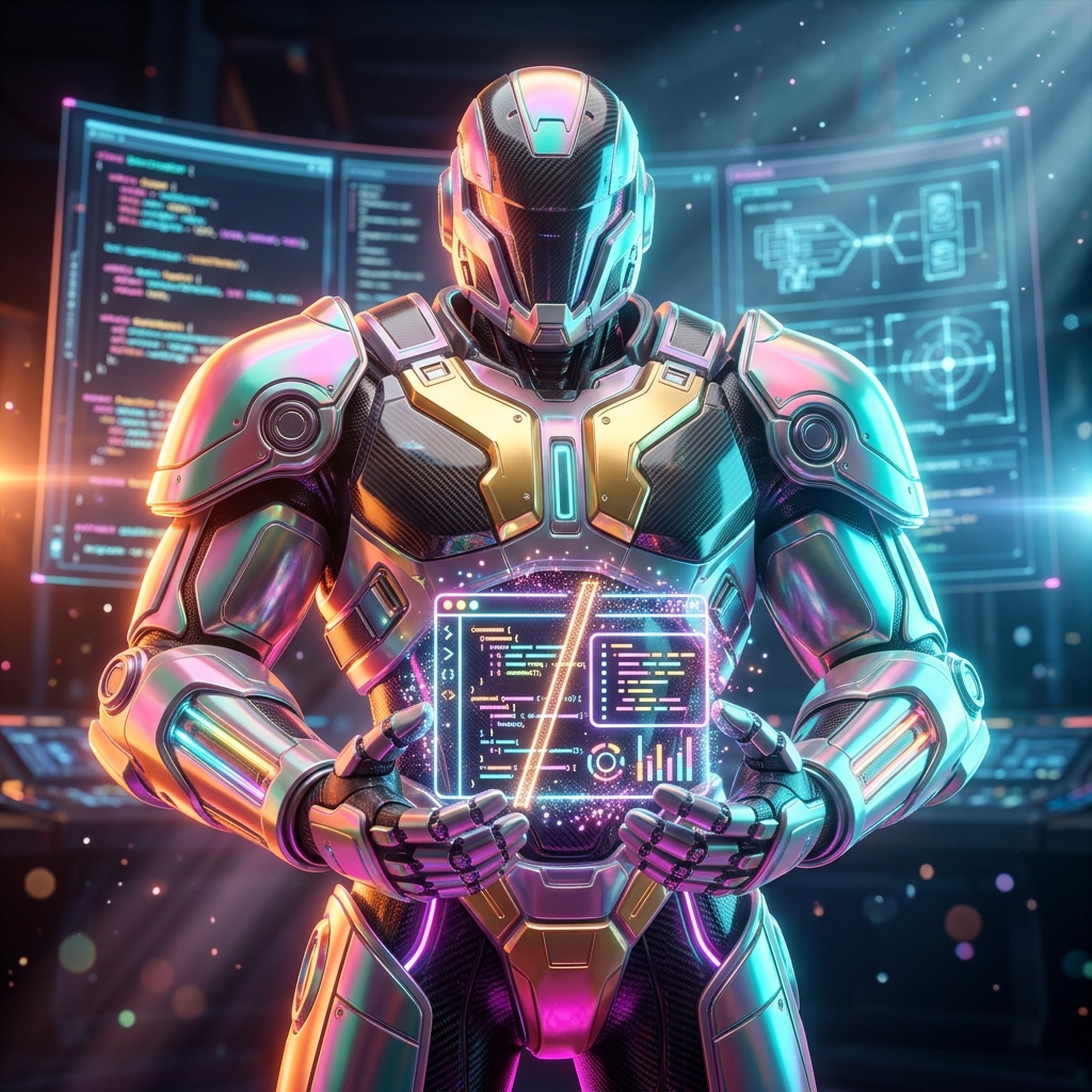 Coding category hero — heavily armored guardian robot holding a symbolic emblem of the category with both hands in futuristic control room with massive glowing holographic screens and volumetric light rays
