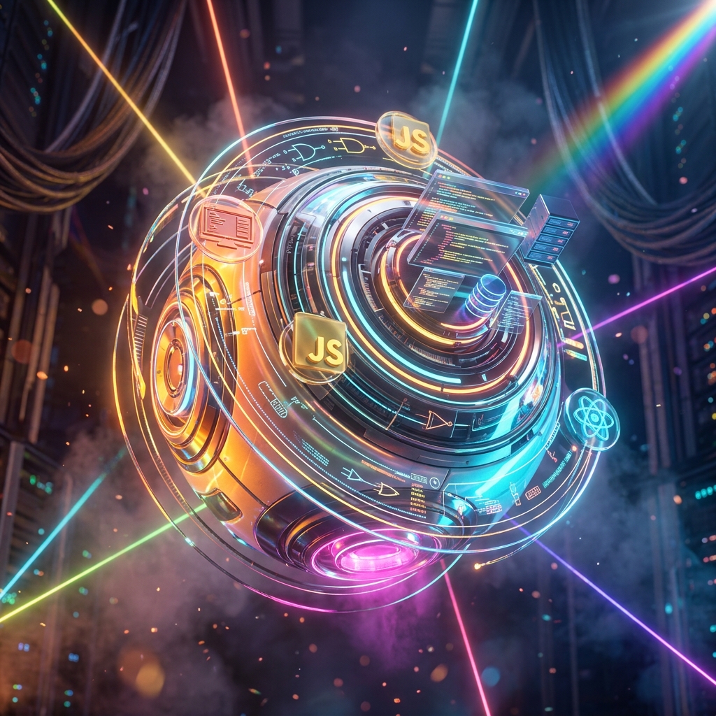 Coding Bootcamp category hero — floating spherical AI orb with concentric glowing rings and orbiting holographic icons around it in underground rave-like data cathedral with laser beams cutting through smoke
