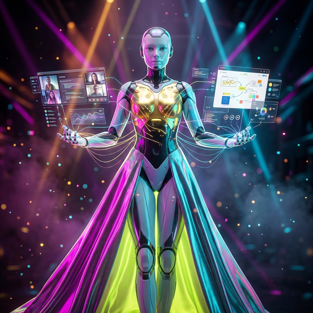 Collaboration category hero — elegant fashion-forward android in flowing reflective couture fabric, editorial pose in underground rave-like data cathedral with laser beams cutting through smoke