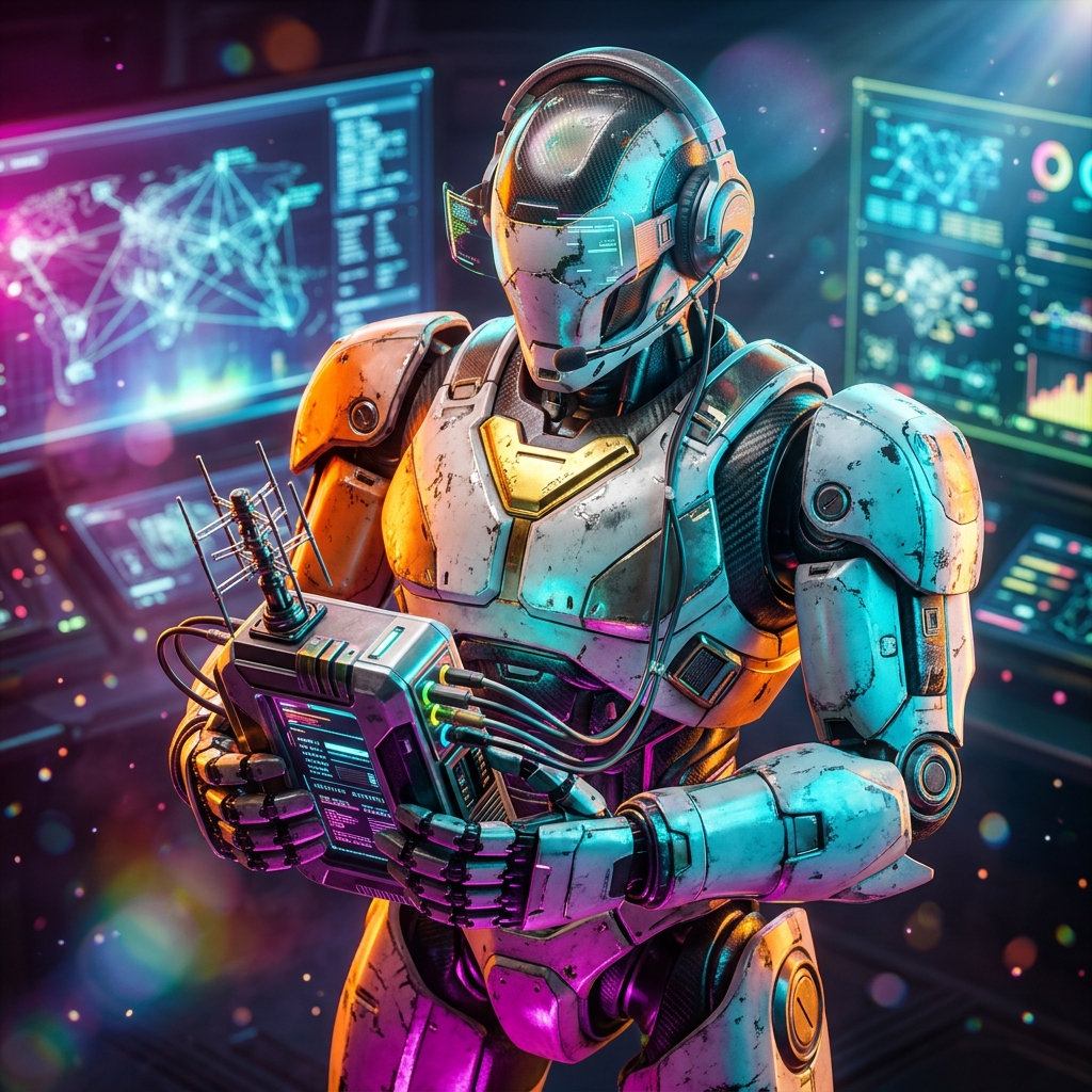 Communication category hero — war-worn but heroic mech pilot robot with painted panels, weathered detail, cinematic hero lighting in futuristic control room with massive glowing holographic screens and volumetric light rays