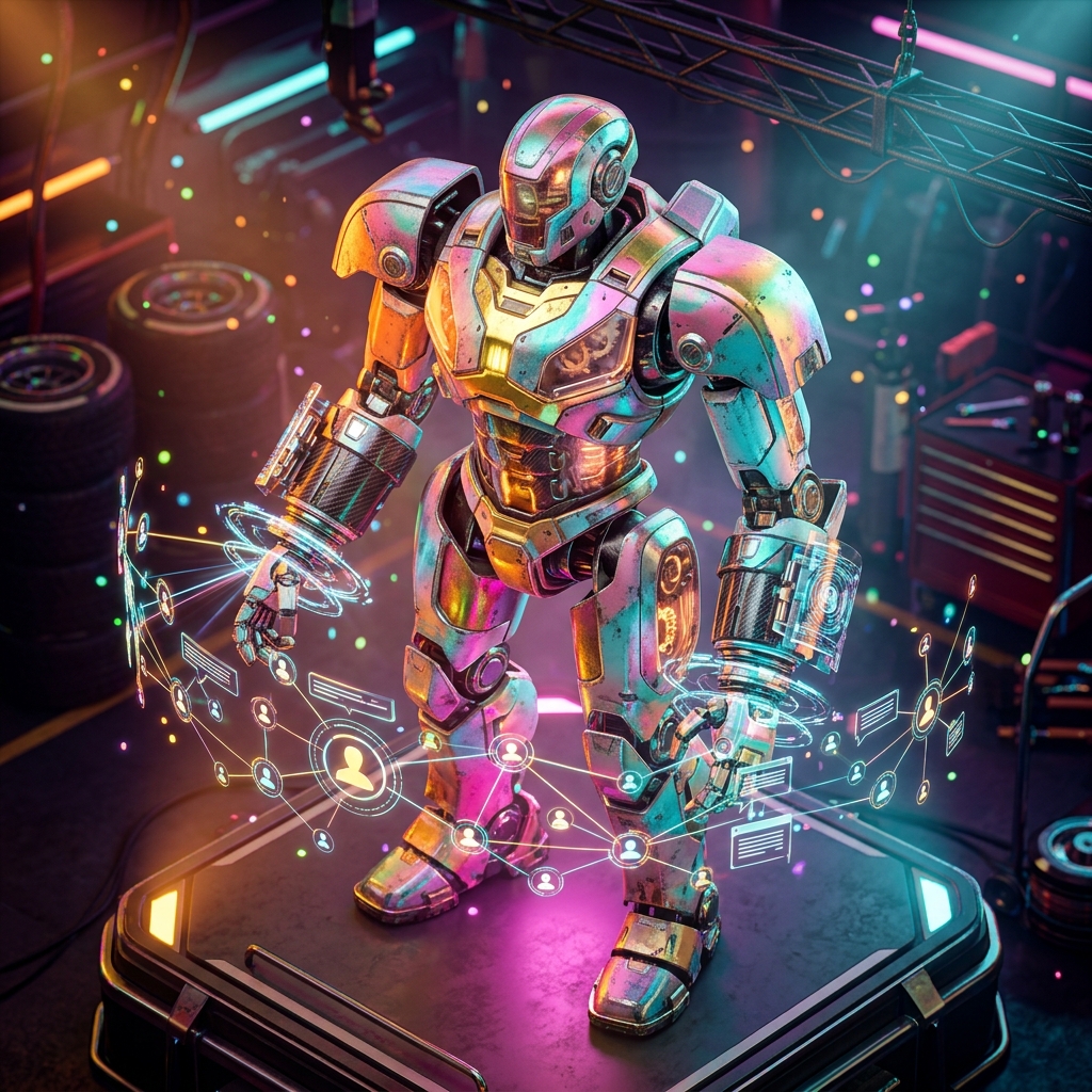 Community category hero — war-worn but heroic mech pilot robot with painted panels, weathered detail, cinematic hero lighting in Formula-1 style pit garage with saturated color lighting and mechanical detail