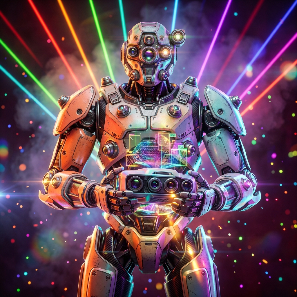 Computer Vision category hero — war-worn but heroic mech pilot robot with painted panels, weathered detail, cinematic hero lighting in underground rave-like data cathedral with laser beams cutting through smoke