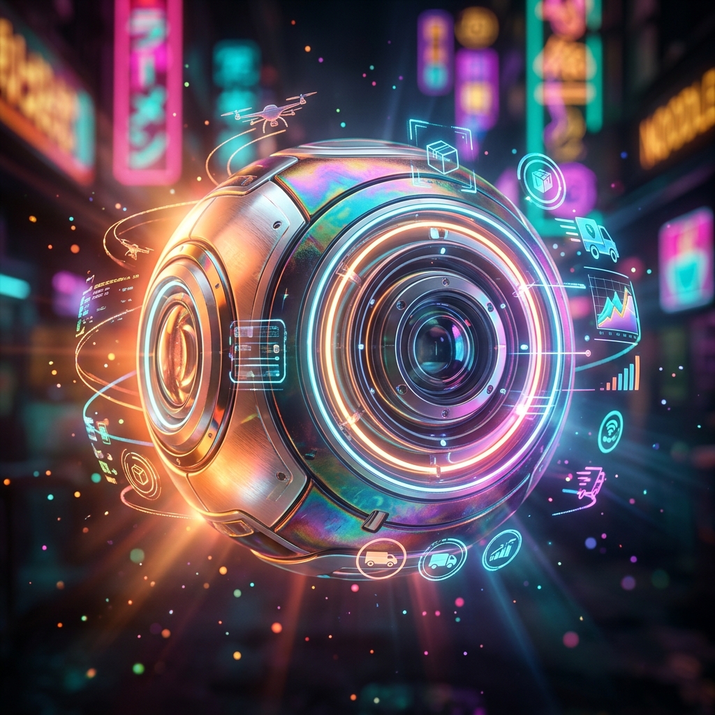 Courier category hero — floating spherical AI orb with concentric glowing rings and orbiting holographic icons around it in Blade-Runner-style noodle-shop alley with dense neon signage in the background