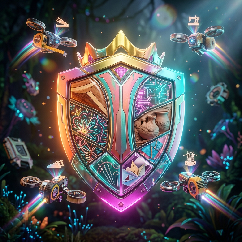 Crafts category hero — glowing digital shield / padlock / crown / crystal object at the frame center, protected by hovering tech drones in alien jungle biome with glowing flora and floating tech artifacts