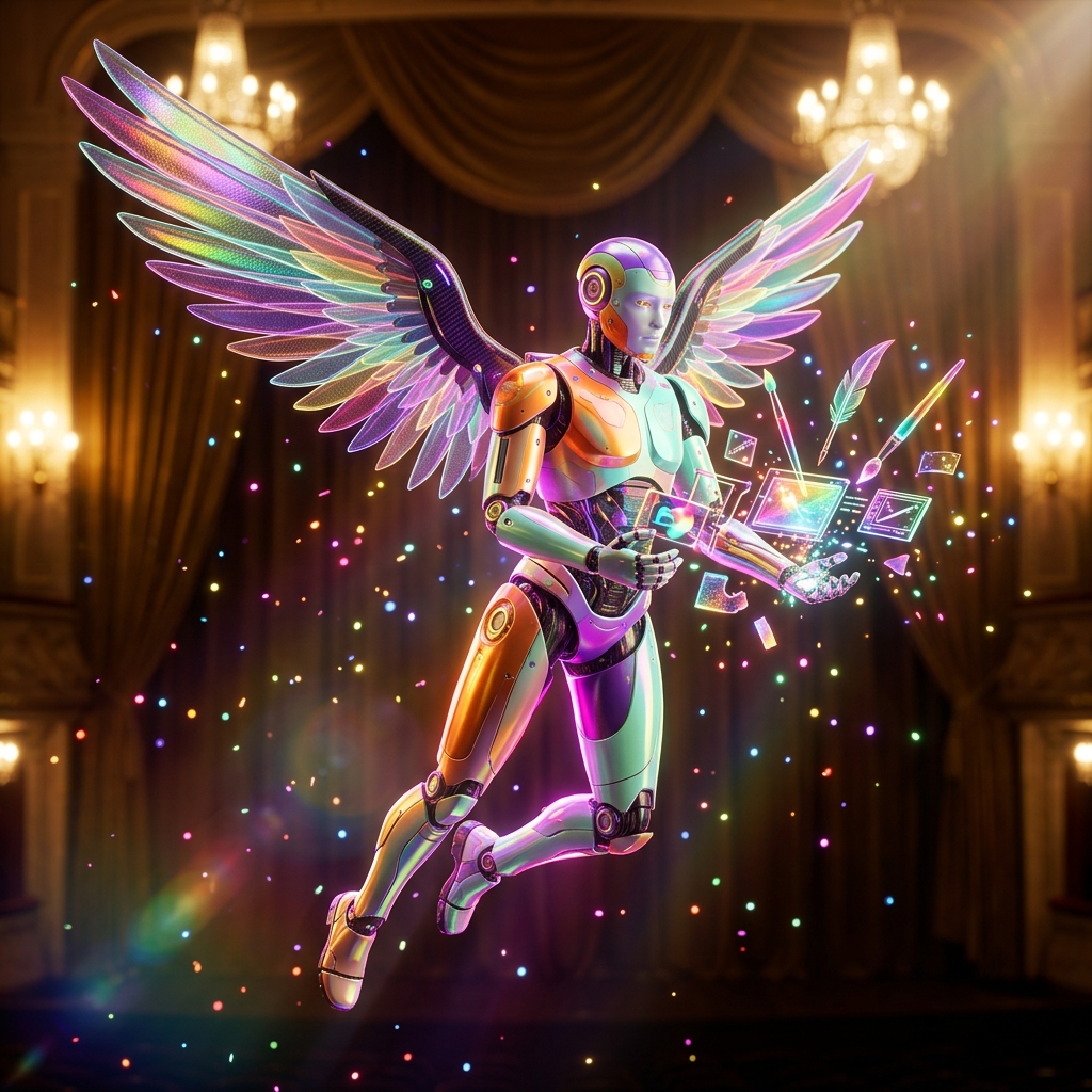 Creativity category hero — courier-style android with iridescent wings unfurled, mid-flight silhouette against the environment in golden-lit theater interior with heavy velvet curtains and cinematic chandeliers