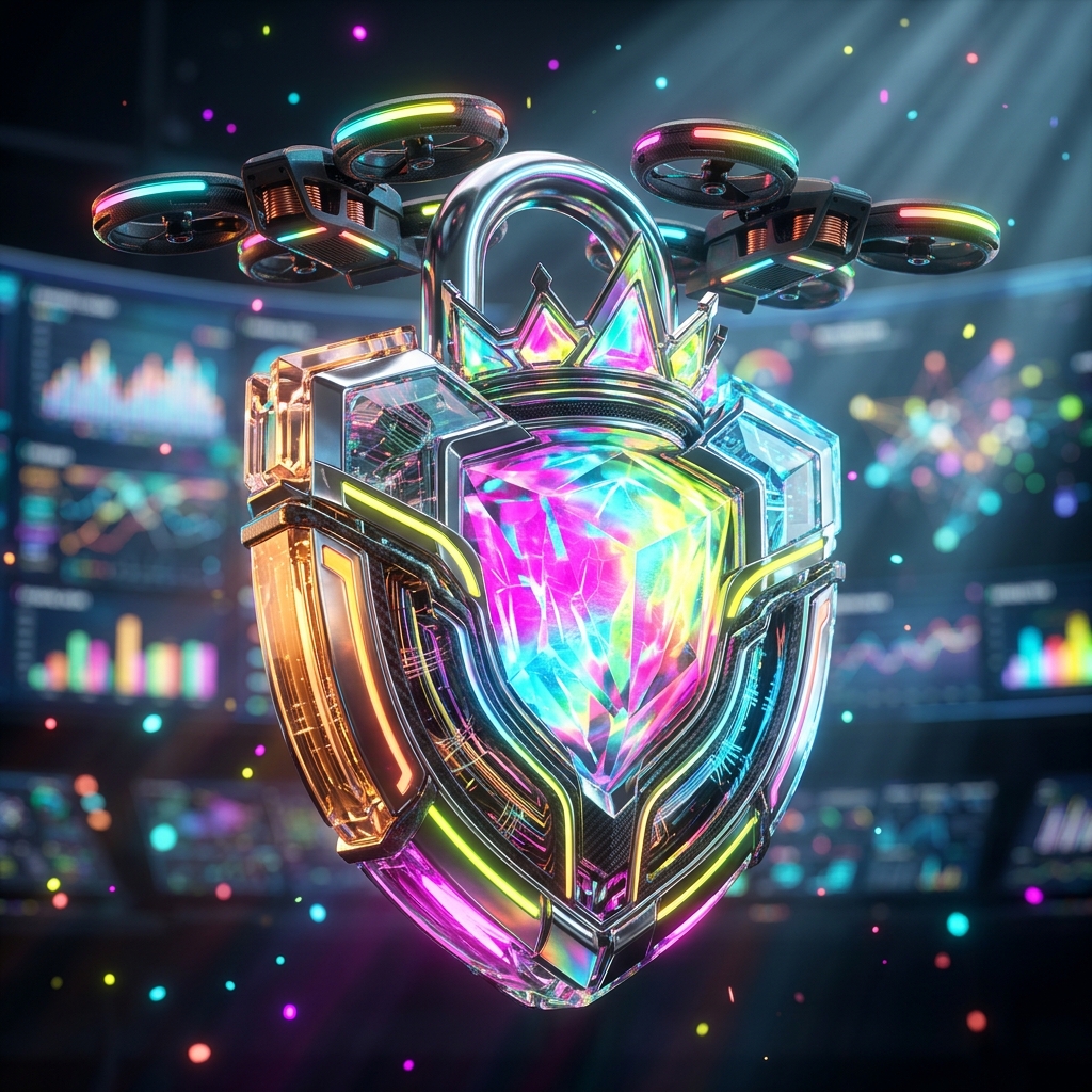CRM category hero — glowing digital shield / padlock / crown / crystal object at the frame center, protected by hovering tech drones in futuristic control room with massive glowing holographic screens and volumetric light rays