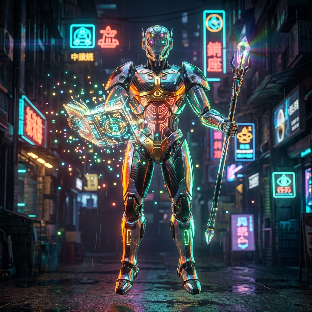 Crypto Converter category hero — sci-fi wizard robot with a floating spellbook of holographic glyphs and light particles in Blade-Runner-style noodle-shop alley with dense neon signage in the background