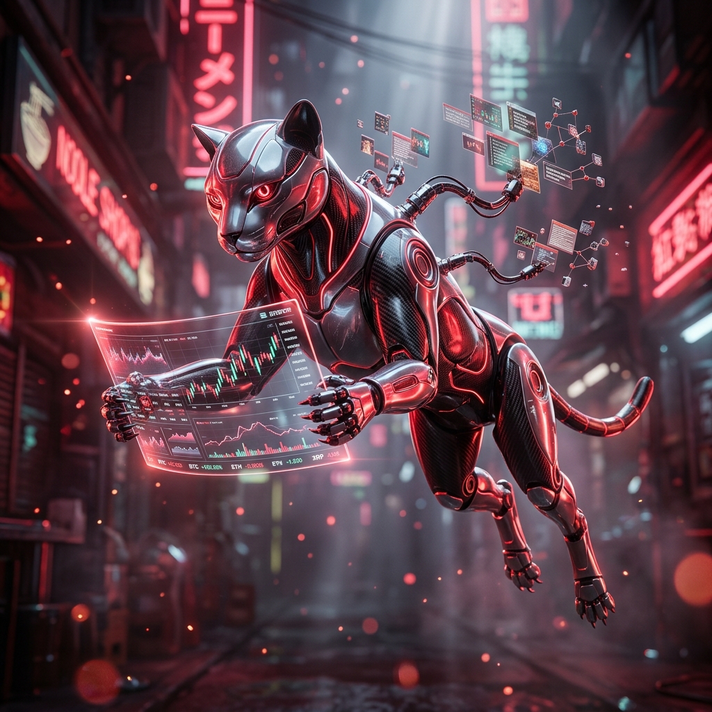 Crypto News category hero — sleek feline-inspired robot mid-leap, carbon-fiber musculature and glowing accent lines in Blade-Runner-style noodle-shop alley with dense neon signage in the background
