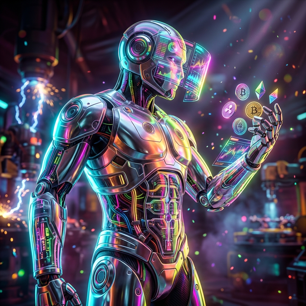 Cryptocurrency category hero — cinematic cyborg character seen in three-quarter profile, exposed circuitry glowing beneath translucent skin, intense neon rim light in magnetic-levitation factory floor with sparking arcs of electricity and machinery