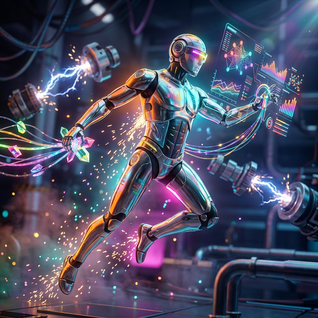 Data Analytics category hero — chrome-plated bipedal android caught mid-motion, sparks and light particles trailing around it in magnetic-levitation factory floor with sparking arcs of electricity and machinery