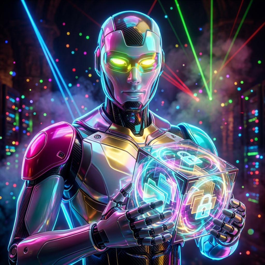 Data Backup category hero — hyper-detailed humanoid robot with glossy plating and glowing visor eyes, striking a confident hero pose in the center of the frame in underground rave-like data cathedral with laser beams cutting through smoke
