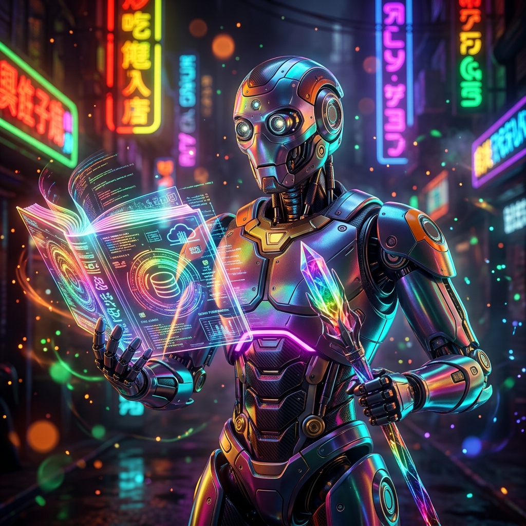 Database category hero — sci-fi wizard robot with a floating spellbook of holographic glyphs and light particles in Blade-Runner-style noodle-shop alley with dense neon signage in the background