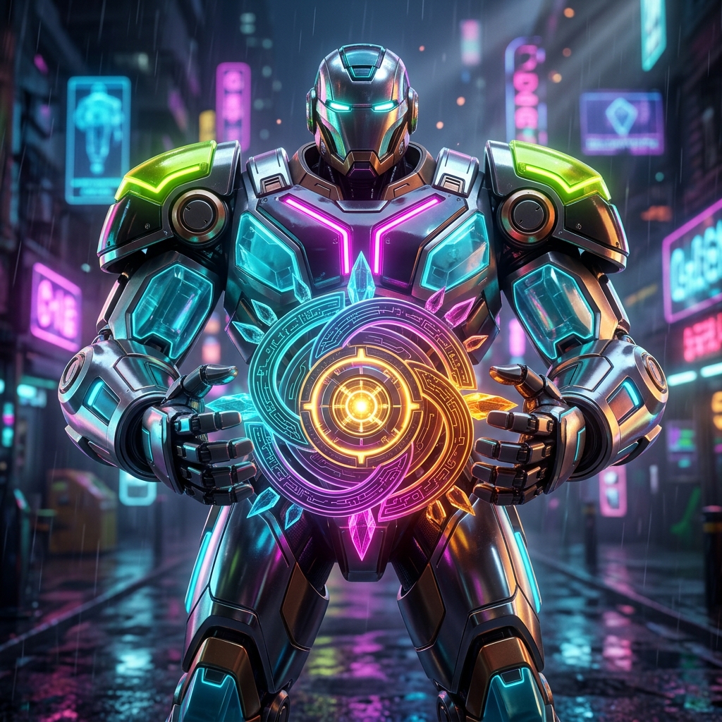 Database Tools category hero — heavily armored guardian robot holding a symbolic emblem of the category with both hands in neon-lit cyberpunk street at night, wet pavement reflections, hovering holograms in the background
