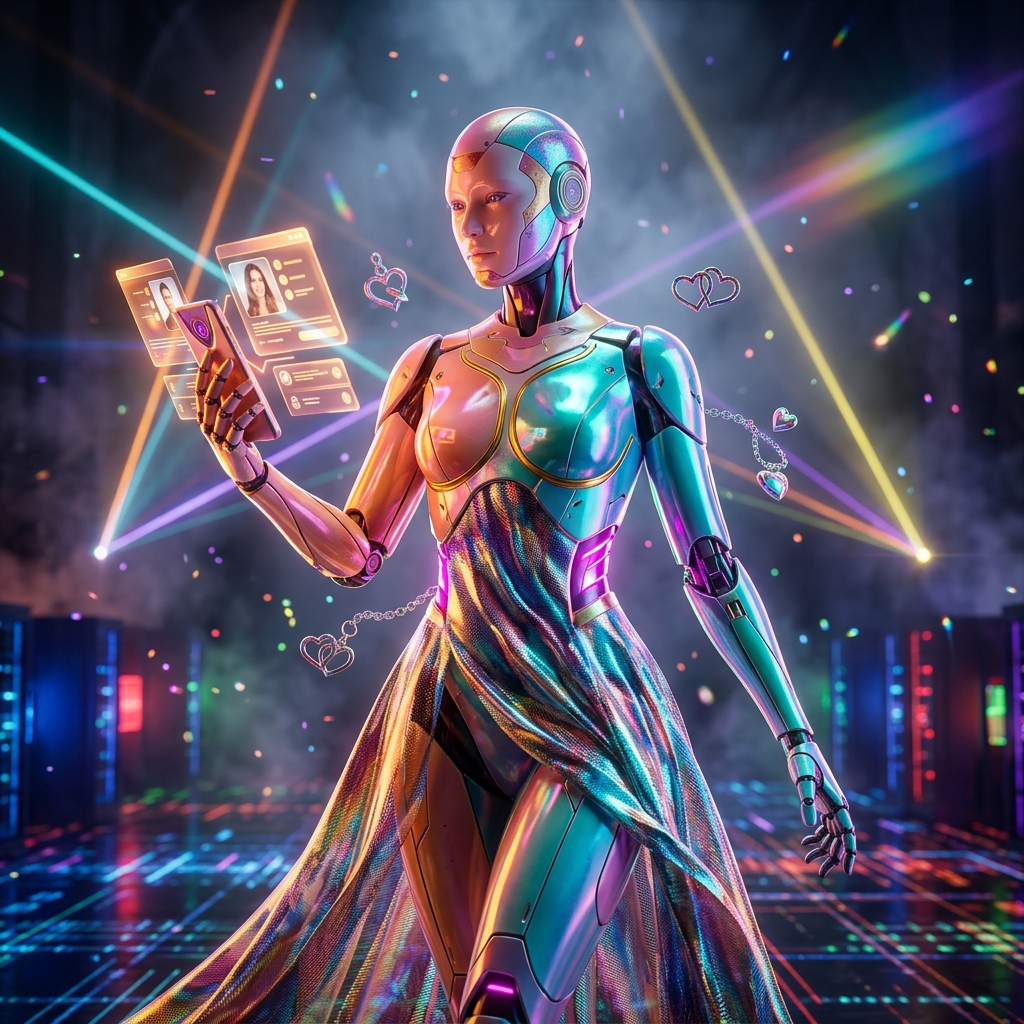 Dating category hero — elegant fashion-forward android in flowing reflective couture fabric, editorial pose in underground rave-like data cathedral with laser beams cutting through smoke
