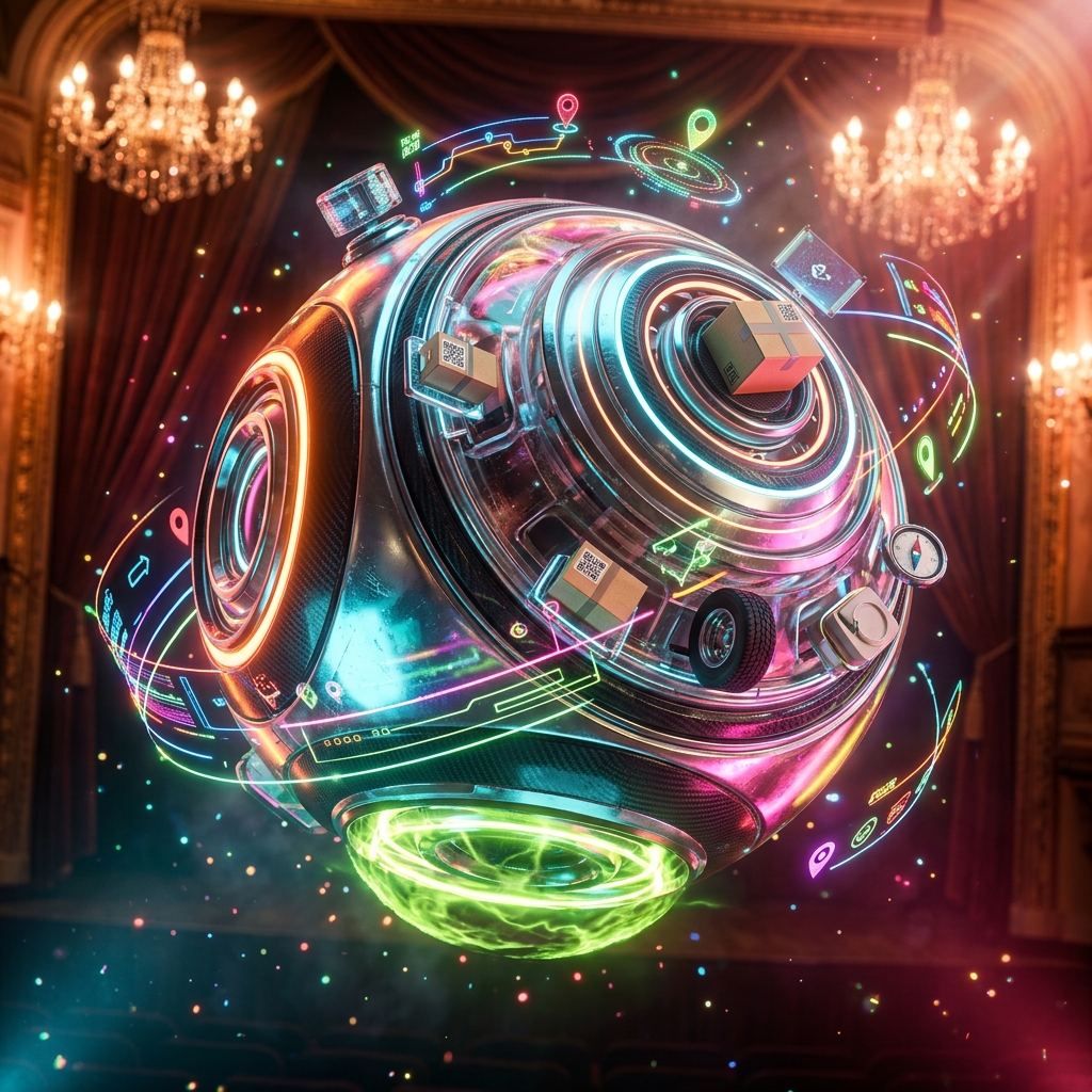 Delivery category hero — floating spherical AI orb with concentric glowing rings and orbiting holographic icons around it in golden-lit theater interior with heavy velvet curtains and cinematic chandeliers