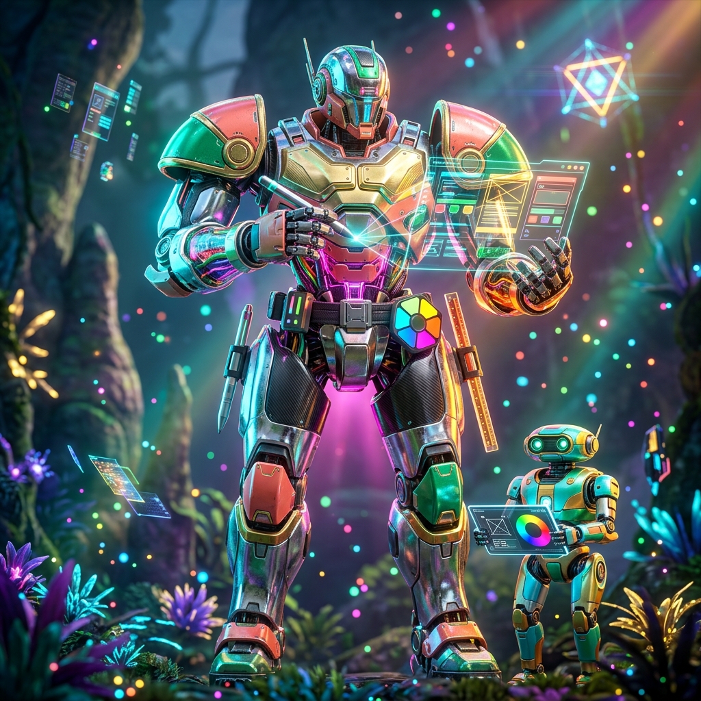 Design category hero — duo of contrasting robots — one large hero mech and a small companion droid — composed cinematically in alien jungle biome with glowing flora and floating tech artifacts
