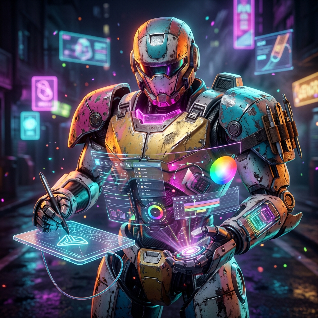 Design Tools category hero — war-worn but heroic mech pilot robot with painted panels, weathered detail, cinematic hero lighting in neon-lit cyberpunk street at night, wet pavement reflections, hovering holograms in the background