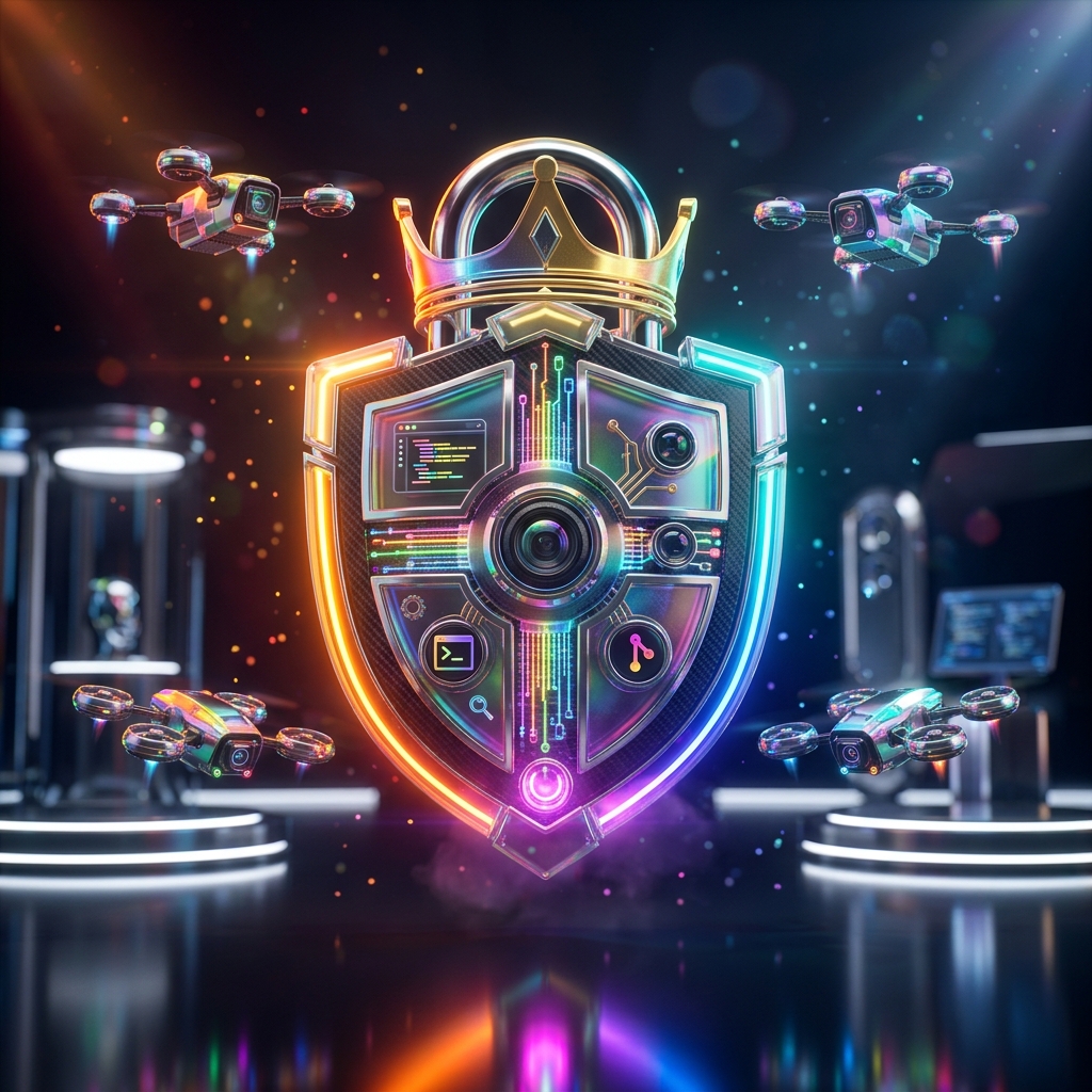 Developer Tools category hero — glowing digital shield / padlock / crown / crystal object at the frame center, protected by hovering tech drones in chrome-and-glass showroom with mirrored floor and rim-lit product staging