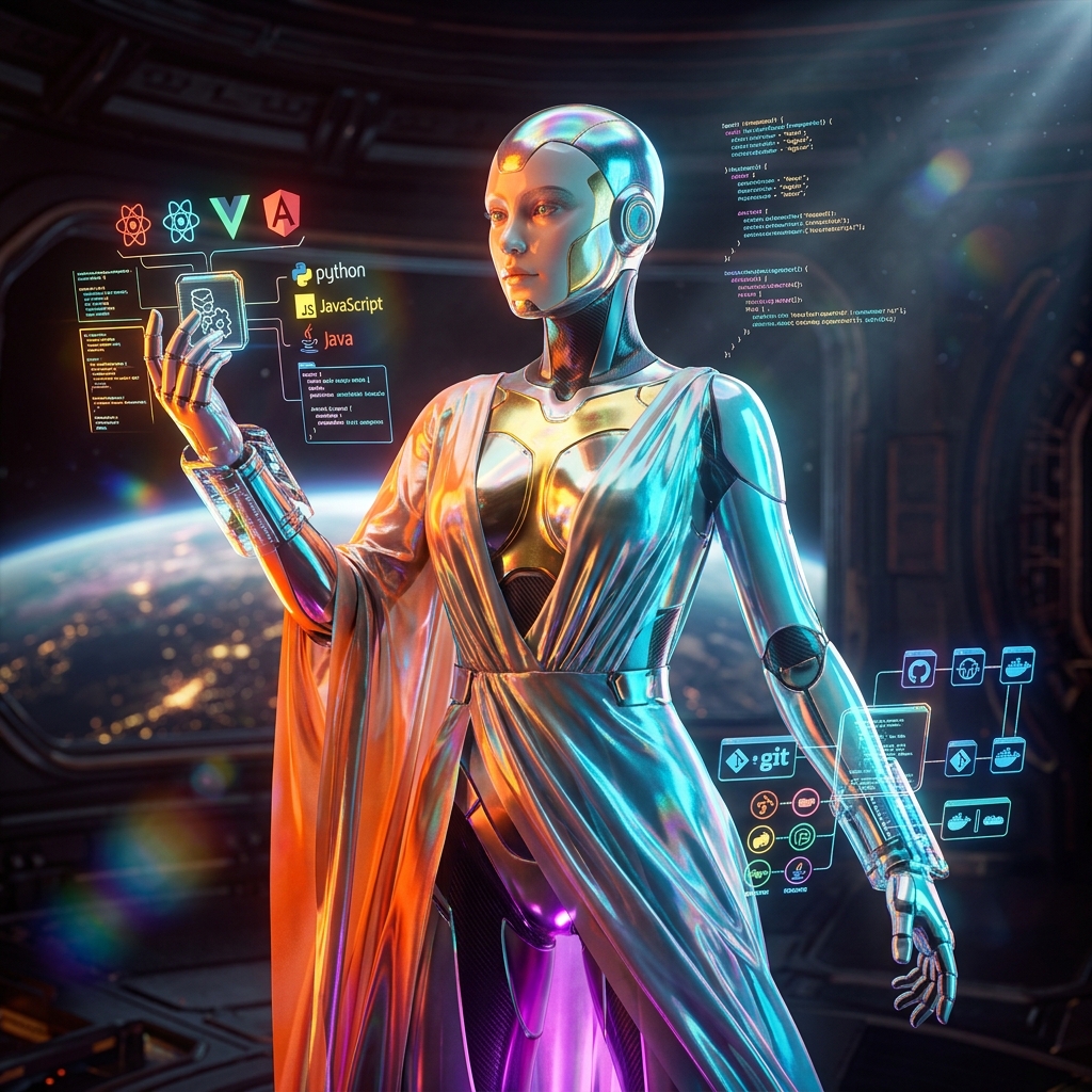 Development category hero — elegant fashion-forward android in flowing reflective couture fabric, editorial pose in orbital space station observation deck with a planet glowing outside the panoramic window