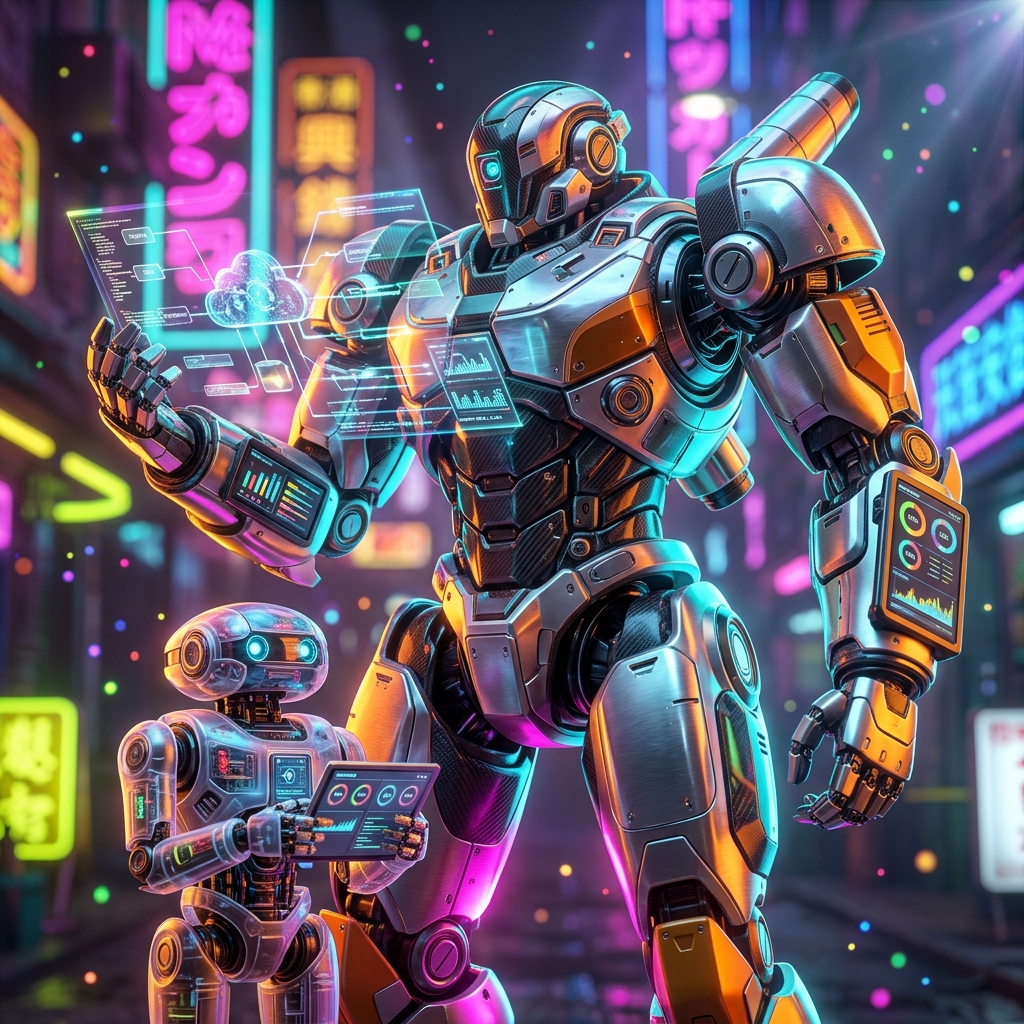 DevOps category hero — duo of contrasting robots — one large hero mech and a small companion droid — composed cinematically in Blade-Runner-style noodle-shop alley with dense neon signage in the background