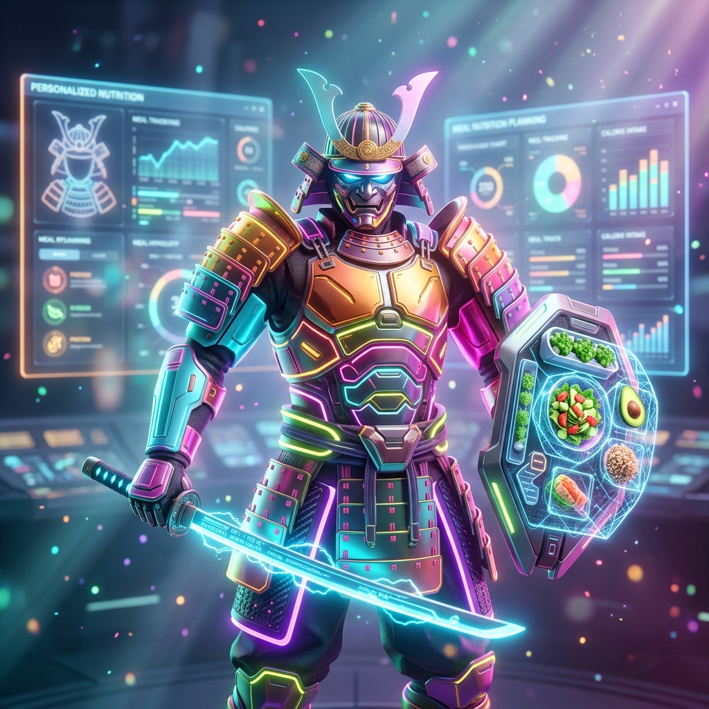 Diet category hero — majestic samurai-styled mech in lacquered armor with neon under-glow, katana of light in hand in futuristic control room with massive glowing holographic screens and volumetric light rays