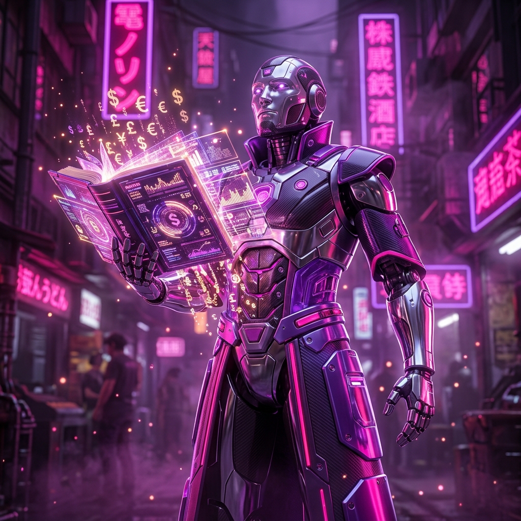 Digital Banking & Financial Solutions category hero — sci-fi wizard robot with a floating spellbook of holographic glyphs and light particles in Blade-Runner-style noodle-shop alley with dense neon signage in the background