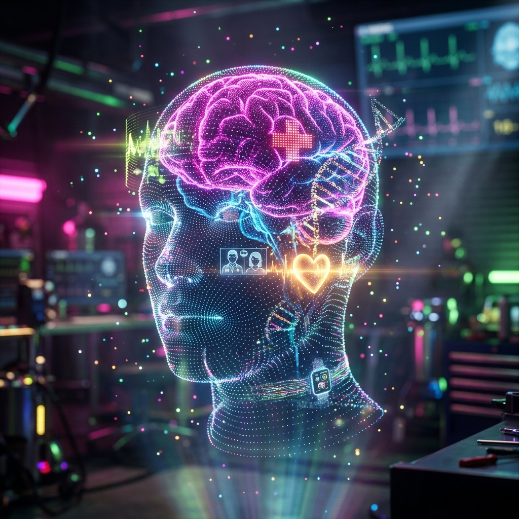 Digital Health category hero — wireframe holographic human head made of glowing data points, floating in the frame center in Formula-1 style pit garage with saturated color lighting and mechanical detail
