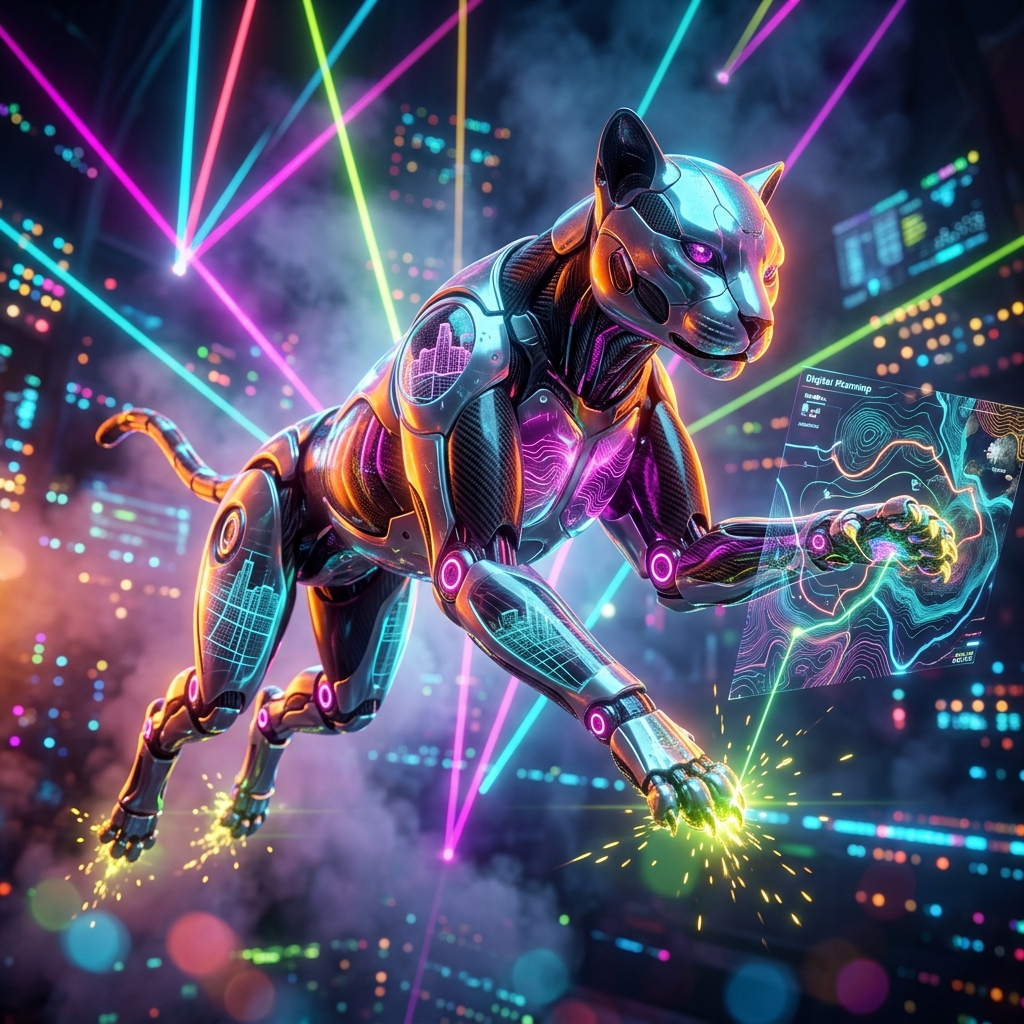 Digital Maps category hero — sleek feline-inspired robot mid-leap, carbon-fiber musculature and glowing accent lines in underground rave-like data cathedral with laser beams cutting through smoke
