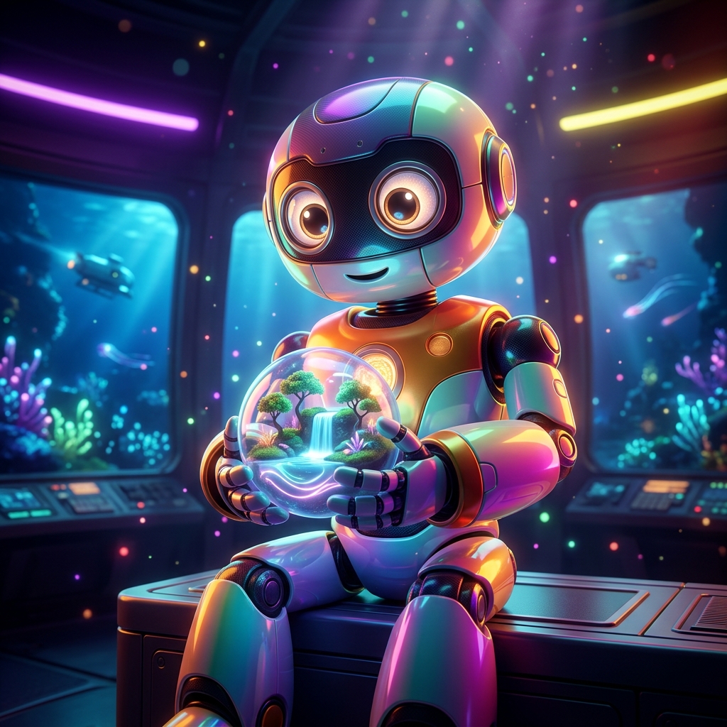 Digital Wellness & Mindful Living category hero — friendly Pixar-quality mascot robot with big expressive optical eyes, holding an object that represents the category in deep-sea research bay with bulkhead windows onto a bioluminescent ocean