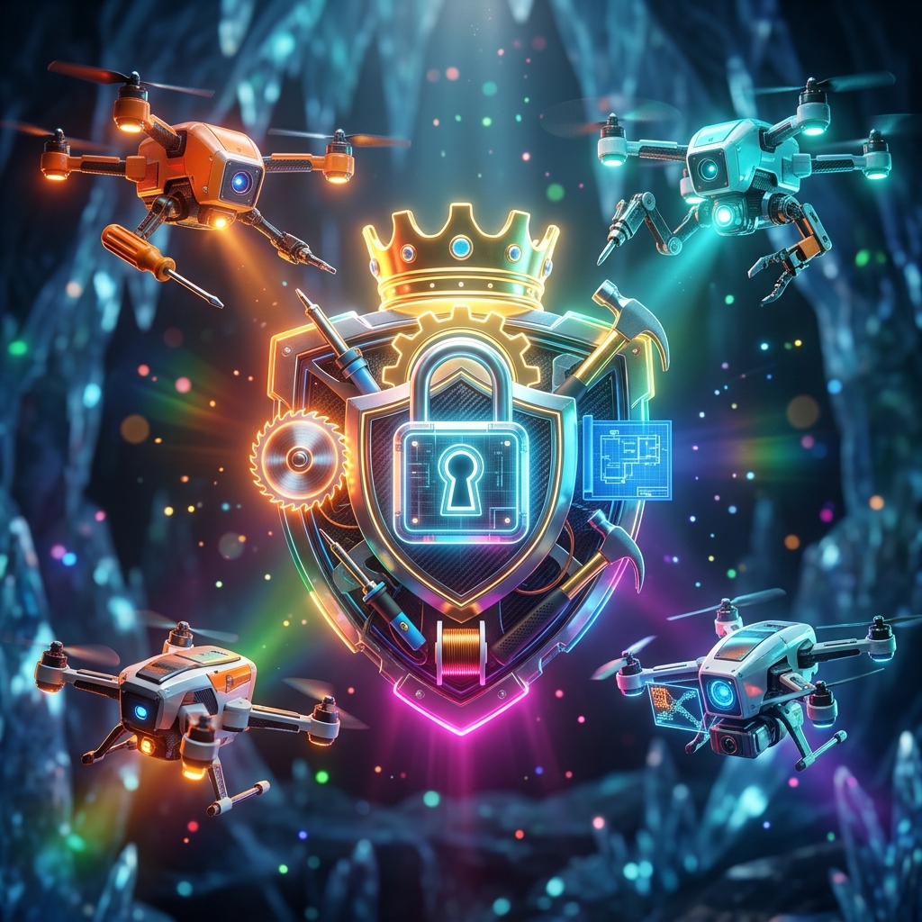 DIY category hero — glowing digital shield / padlock / crown / crystal object at the frame center, protected by hovering tech drones in crystalline ice cavern lit by bioluminescent tech installations