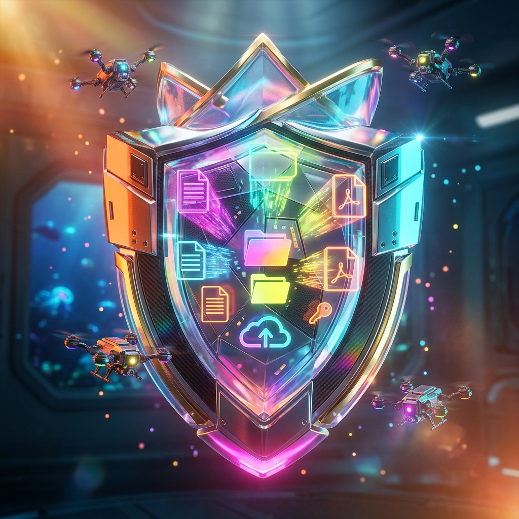 Document Management category hero — glowing digital shield / padlock / crown / crystal object at the frame center, protected by hovering tech drones in deep-sea research bay with bulkhead windows onto a bioluminescent ocean